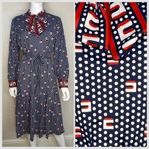 Vintage 1960s/70s Polka Dot Dress with Bow Neck, A Mendel Creation Size XL